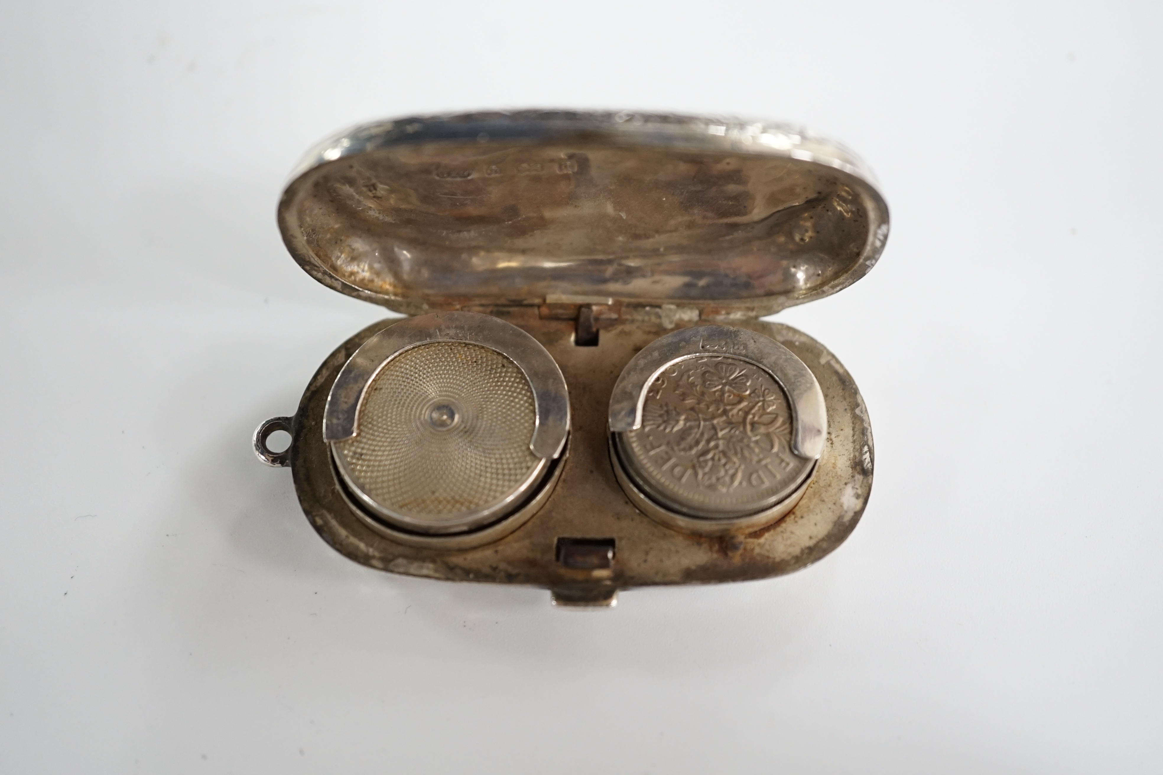 A late Victorian engraved silver sovereign/half sovereign case, William Hare Hassler? Birmingham, 1900, 57mm. Condition - poor